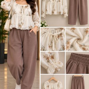Ivory Floral Print Tiered Blouse with Brown Balloon-Leg Pants