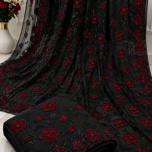 Black Net Saree with Maroon Floral Embroidery & Scalloped Border