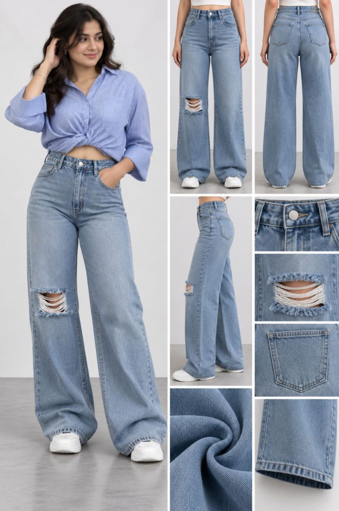 Distressed Ripped-Knee Light Blue High-Waist Wide-Leg Jeans