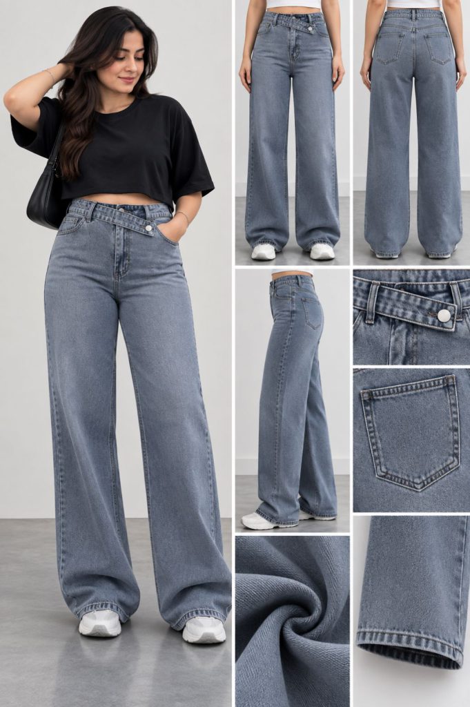 Blue Asymmetric Cross-Waist High-Waist Wide-Leg Jeans