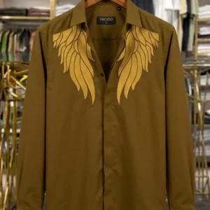 Men's Olive Green Shirt with Golden Embroidery – Premium Designer Wear for Every Occasion